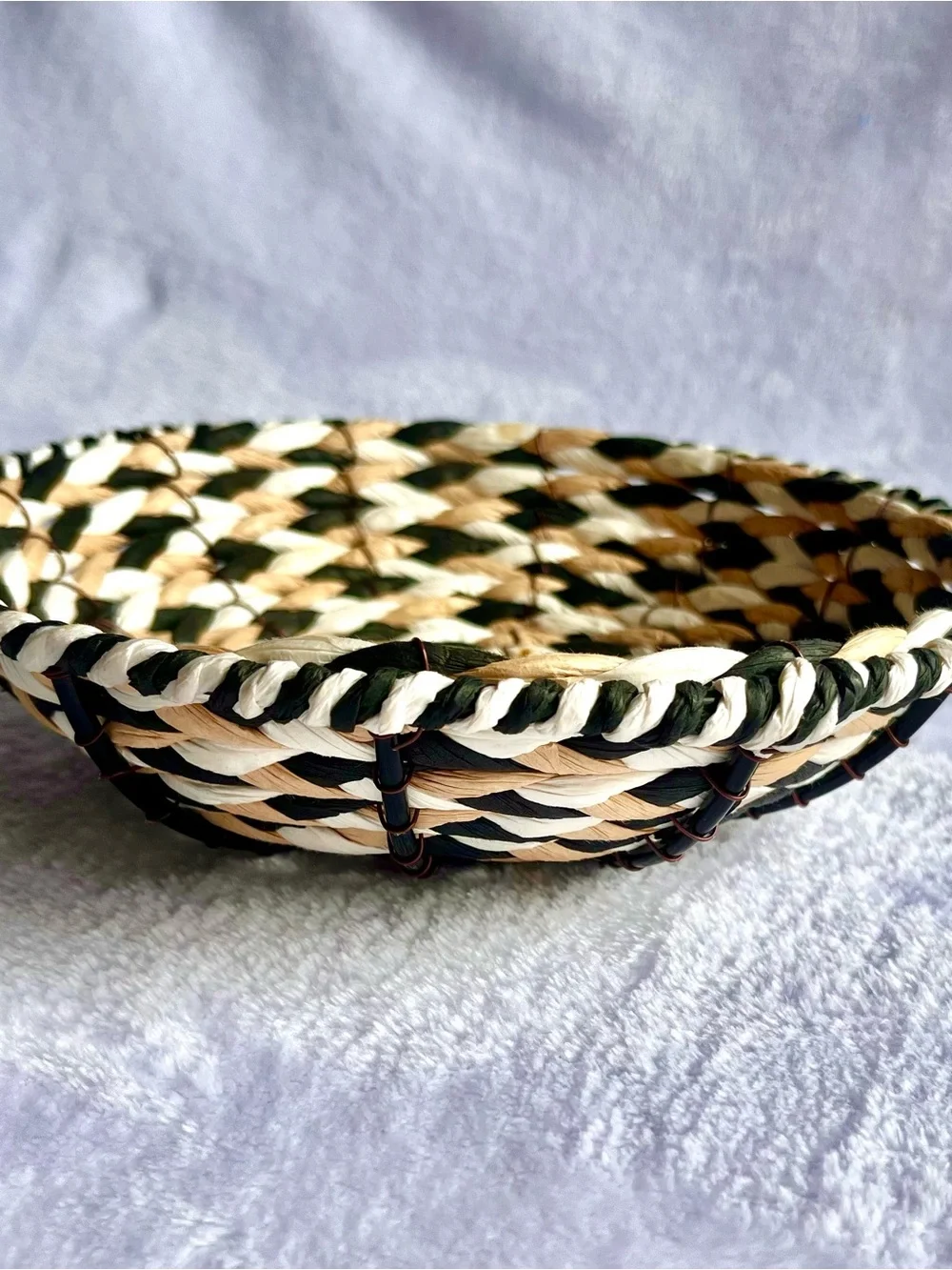 Handwoven Natural, White & Black- Wicker & Wire Decorative Basket - Home Accents